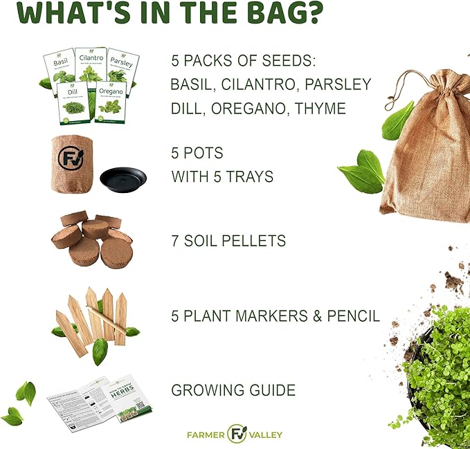 Indoor Herb Starter Grow Kit - 5 Different Medicinal & Tea Herb Seeds - Parsley, Basil, Cilantro (Coriander), Dill, Oregano - Non GMO and Heirloom - Including Pots and Soil - Made in USA