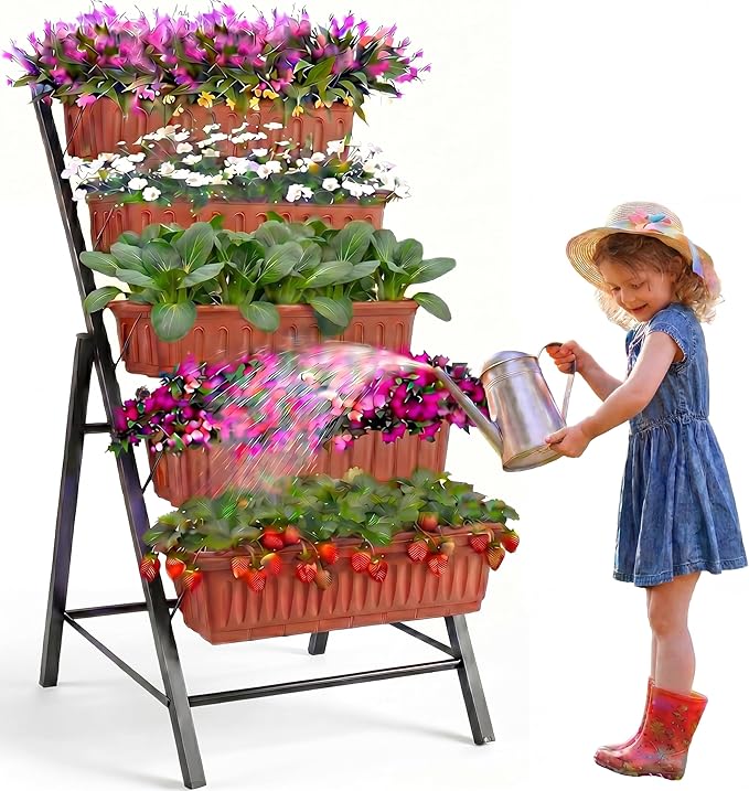 TEANDE Vertical Raised Garden Bed, 5-Tier Elevated Planter Box w/Drainage System & 4 Hooks for Herbs Vegetables Flowers, Vertical Garden Planter for Patio Yard Indoor Outdoor