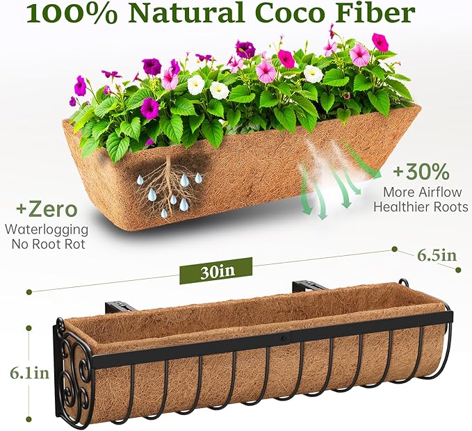 VOXOR Railing Planter Boxes, 30 Inch Window Boxes Planters, Balcony Planters with Adjustable Brackets & Coco Liner for Outdoor Fence, Deck, Porch, and Patio Gardening, 2 Pack