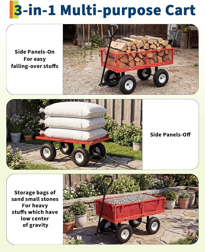 Garvee Versatile Outdoor Utility Cart-400LBS Heavy-Duty, 10" All-Terrain Pneumatic Tires, Easy Maneuverable Lawn Cart with Removable Mesh Panels for Gardening&Landscaping, Red, with Waterproof Liner