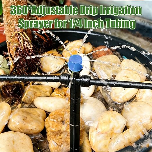 30pcs Drip Irrigation Emitters, Kalolary Adjustable 360 Degree Water Flow Emitters for 1/4" Tubing, Two-Way Connection Irrigation Drippers for Garden, Lawn, and Greenhouse Watering Systems(Blue)