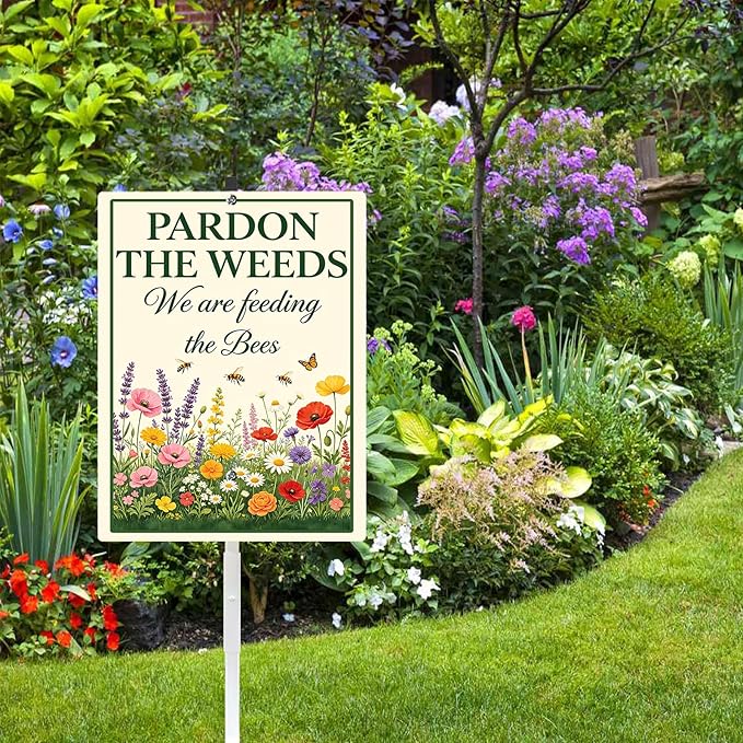Pardon the Weeds We're Feeding The Bees Yard Sign with Stakes 8x12 In Do Not Mow No Mow May Aluminum Lawn Signs Stand for Garden Pollinator Wildflower Save Bee Habitat Outdoor Decorations