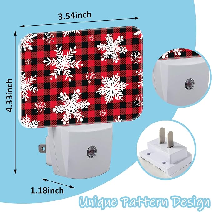 Night Light Snowflakes on Buffalo Plaid Plug-in Wall LED Night Lamp with Dusk-to-Dawn Smart Sensor Lamp for Adult Bedroom Living Room Hallway Kitchen