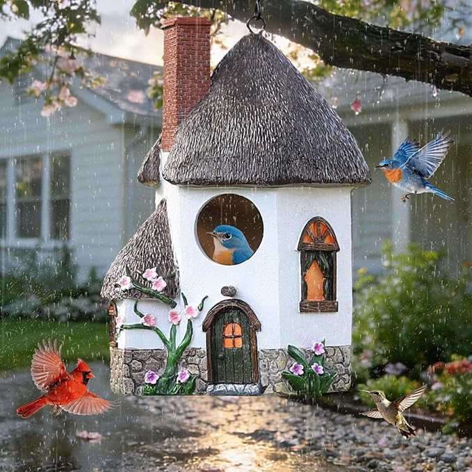 Bird Houses for Outside Rustic Cottage Birdhouse with Chimney Thatch Roof – Hand-Painted Resin Birdhouses for Outdoors for Bluebird Finches Cardinals Bird Nesting Garden, Patio, Yard