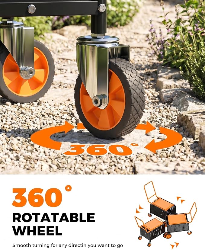 Rolling Garden Work Seat with Wheels, Upgraded Heavy Duty Cart for Seniors with Rotatable 360-Degree Wheels and Extended Handle, Garden Seat for Lawn, Patio & Backyard Gardening, Orange