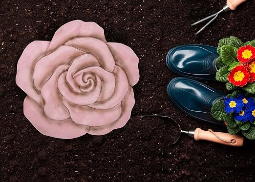 NAT & Jules Rose Flower Shaped Dimensional Indoor Outdoor 12 inch Cast Resin Decorative Garden Stepping Stone, Patio, Walkway Sculpture Yard Art, Pink