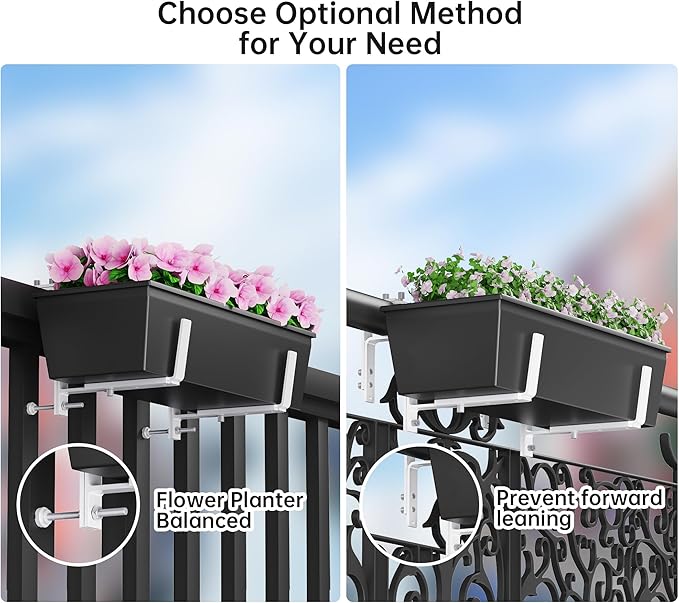 Y&M Adjustable Window Box Brackets Heavy Duty Iron Flower Box Planter , 2 Pack Universal Outdoor Hanging Brackets, White Steel Mounting Durable, Suitable for Fence Pergola Patio Garden Balcony