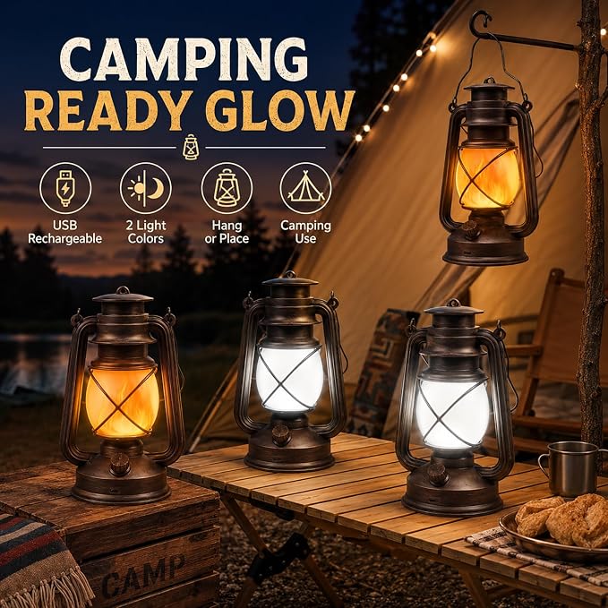 Rechargeable LED Lanterns 4 Pack, USB Charging Vintage Bronze Camping Lamps with Flickering Flame, Remote Control 4 Modes Hanging Lights for Patio Garden Porch Backyard Indoor Outdoor Halloween Decor