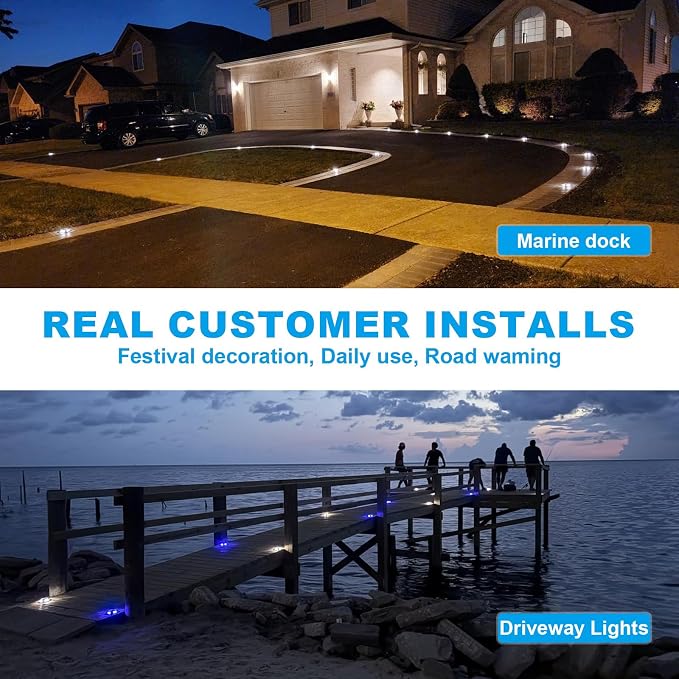 VOLISUN Solar Driveway Lights Dock Marine Lights 16 Pack,2 Colors in 1,Outdoor LED Deck Light,Solar Powered Waterproof Warning Step Light for Driveway Sidewalk Pathway (Blue/White),Saltwater Resistant