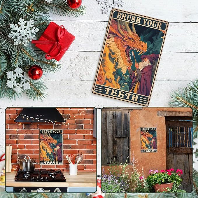 Metal Dragon Tin Signs Brush Your Teeth Retro Vintage Sign Funny Bathroom Wall Decor for Toilet for Bathroom Door Restroom 8x12Inch