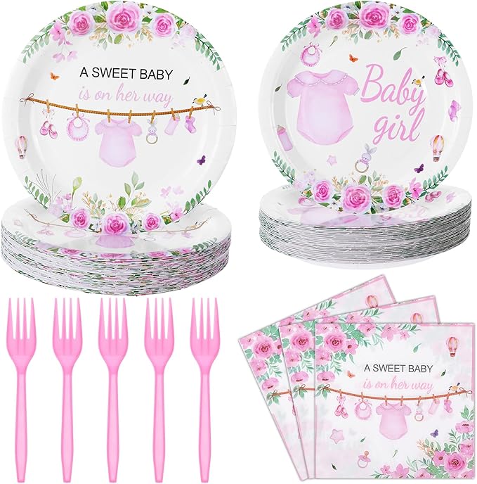 96 Pcs Wildflower Party Decorations Plates and Napkins Forks Floral Pink Disposable Paper Tableware Set for Birthday Flower Gender Reveal Spring Garden Party Supplies for 24 Adult Guests