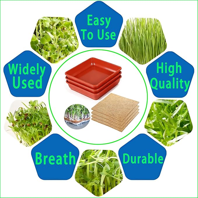 Microgreens Growing Trays Kit –3 Pack (12 x 12) in MicroGreen Grow Trays with 4 Hemp Fiber Grow Mats, 10 x 10 x 1.8 Inch Seed Starter Trays for Growing Microgreens, Indoor Gardening