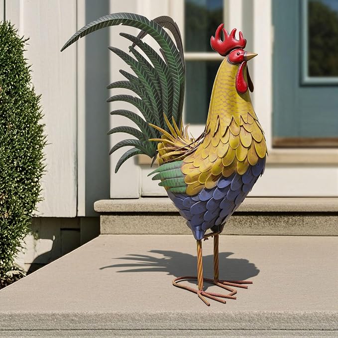 32" Oversized Metal Rooster Statues, Large Outdoor Decor, Metal Chicken Sculpture for Backyard Patio Kitchen Decor