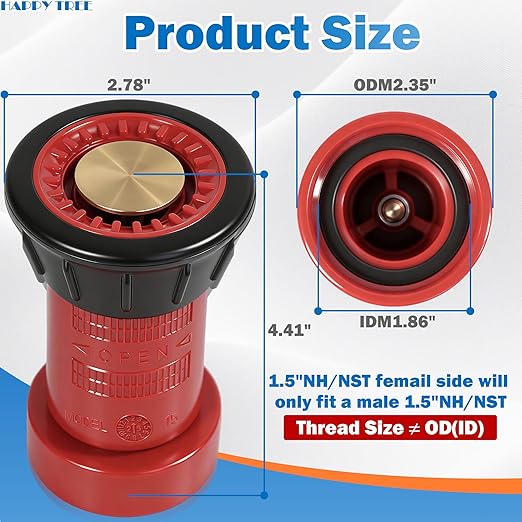 Happy Tree 1-1/2" NST/NH Fire Hose Nozzle Spray Polycarbonate Jet Fog Industrial Fireman 1.5" Nozzle 75 gpm Fire Equipment FHSN02