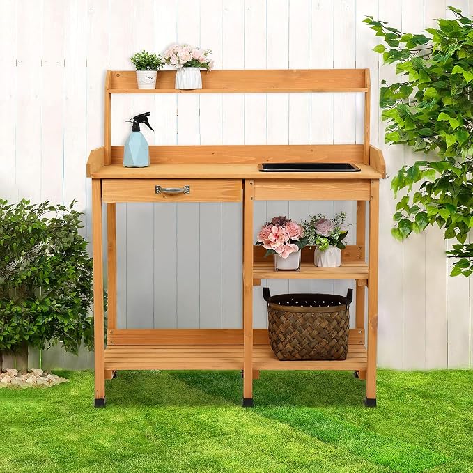 Garden Potting Bench,Wooden Garden Workbench with Storage Shelves for Patio,Backyard and Porch (Burlywood with Drawers and Sink)