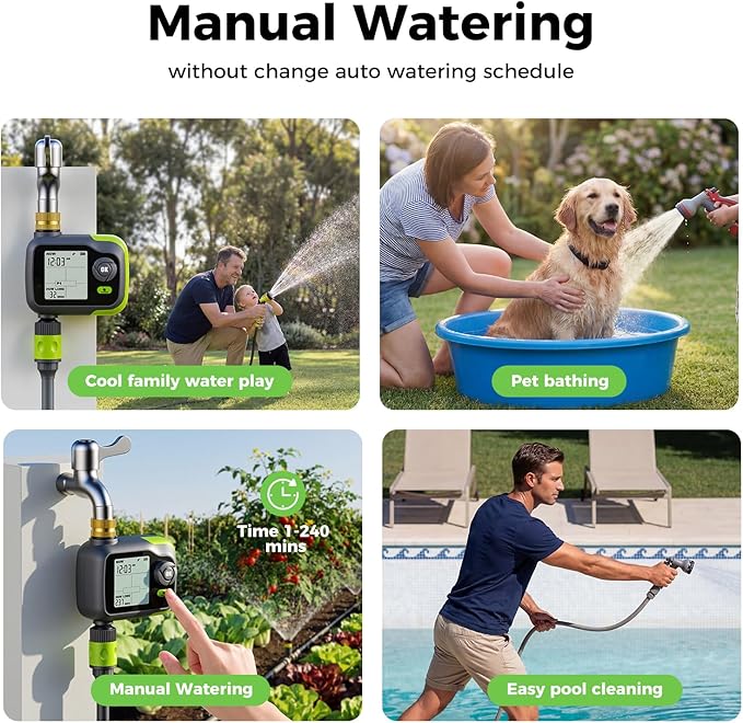 Sprinkler Timer, Watering Timer Brass Inlet for Garden Hose, Programmable Hose Timers w/Rain Delay, Outdoor Soaker Auto& Manual Drip Irrigation Controller System for Lawn Yard Greenhouse