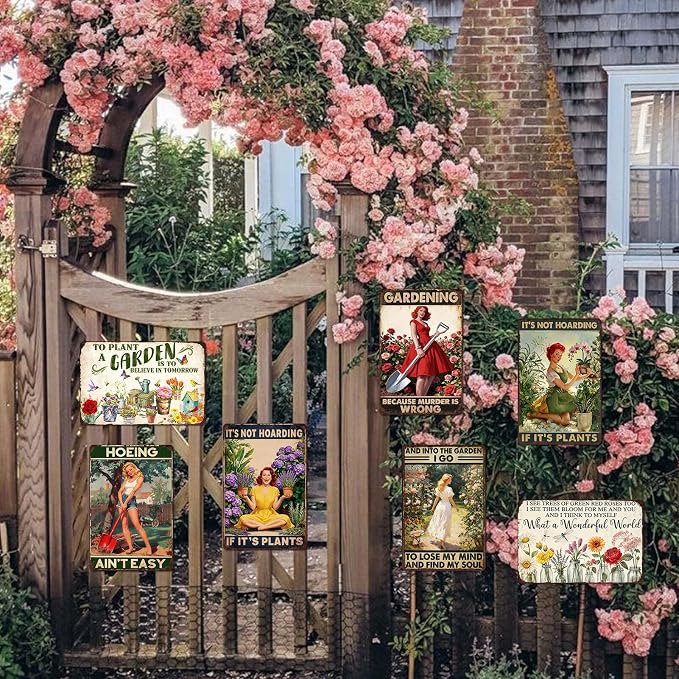 Funny Garden Metal Signs Decorative Outdoor 5 Pack Greenhouse Decorations Gardening Decor For Women Yard Tin Signs Green House Accessories For Outside Garden Sign Gardening Gifts 8x12 In