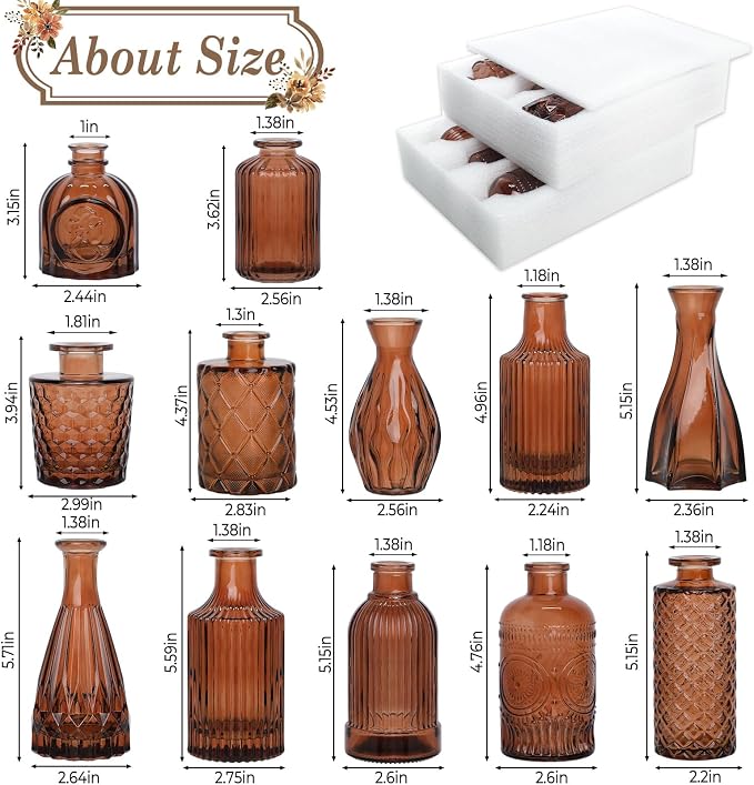 TBWIND 12-Piece Glass Bud Vase Set – Small Caramel Coffee Brown Etched Glass Vases with Unique Shapes and Weighted Base for Windowsills, Bathrooms, and Table Centerpiece Décor