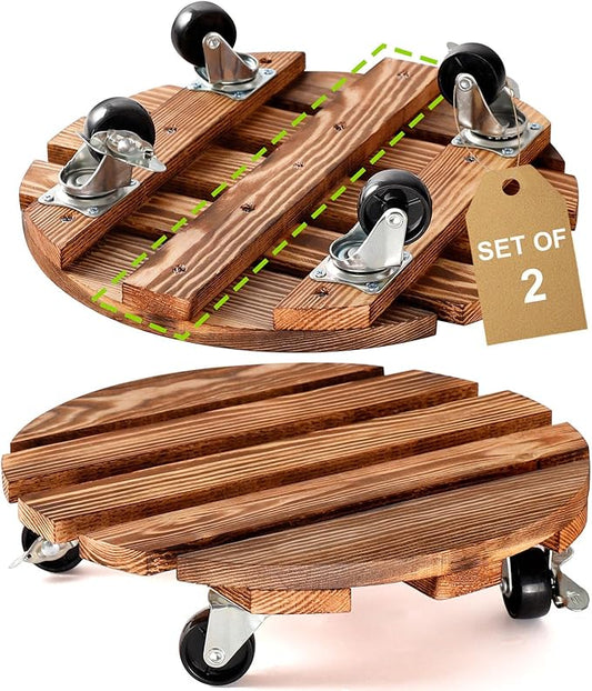 HOHY 2-Pack 12" Plant Caddy Plant Stand with Wheels Heavy Duty Wood Rolling Plant Stand with 2 360° Lockable Wheels,Indoor Outdoor Plant Roller for Large Planters, Flower Pot, Patio