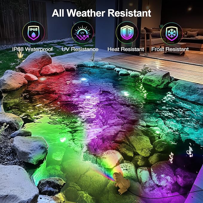 Pond Light with APP, 6W Underwater Pond Lights with 12V Transformer | IP68 Waterproof Submersible LED Fountain Lights with 32FT Cable for Ponds Waterfall Fountain Water Feature, 1 SpotLights