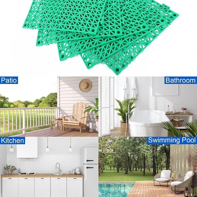MYFAMIREA Modular Interlocking Cushion 12 Pack 11.8" x 11.8" Rubber Floor Tiles Non-Slip Splicing Drainage Mats for Deck, Pool, Outdoor Shower, Patio, Balcony, Indoor Bathroom, Kitchen, Yard (Green)