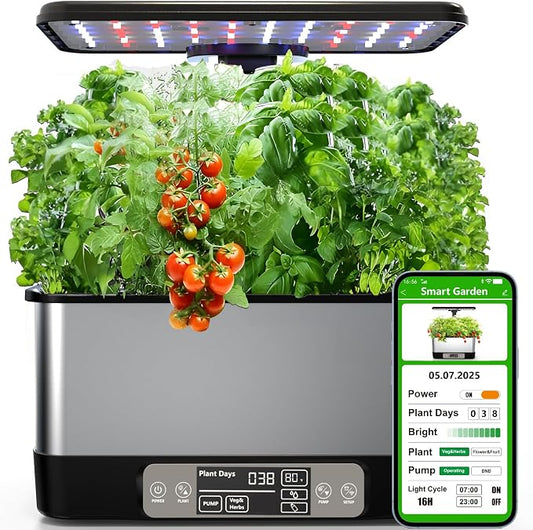 Hydroponics Growing System Indoor Garden, Smart Indoor Herb Garden with Grow Light, In door Gardening System 8 Pods, APP & WiFi Control, Auto Timer, Quiet Pump, Stainless, Gift for Women Mom, Black