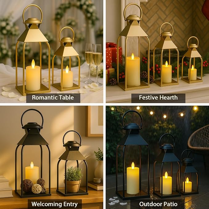 Decorative Metal Lanterns Indoor Outdoor, Candle Holder for Porch, Patio, Fireplace, Floor, Wedding, Christmas, Fall, Holiday, Farmhouse Table Centerpiece (Black, Set of 2 15.7" 12")