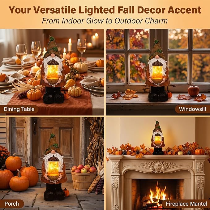 Topadorn Lighted Fall Gnome with Acorn Jar LED Figurine – Resin Harvest Gnome Statue, Thanksgiving Autumn Table Decor for Home, Patio & Tiered Tray