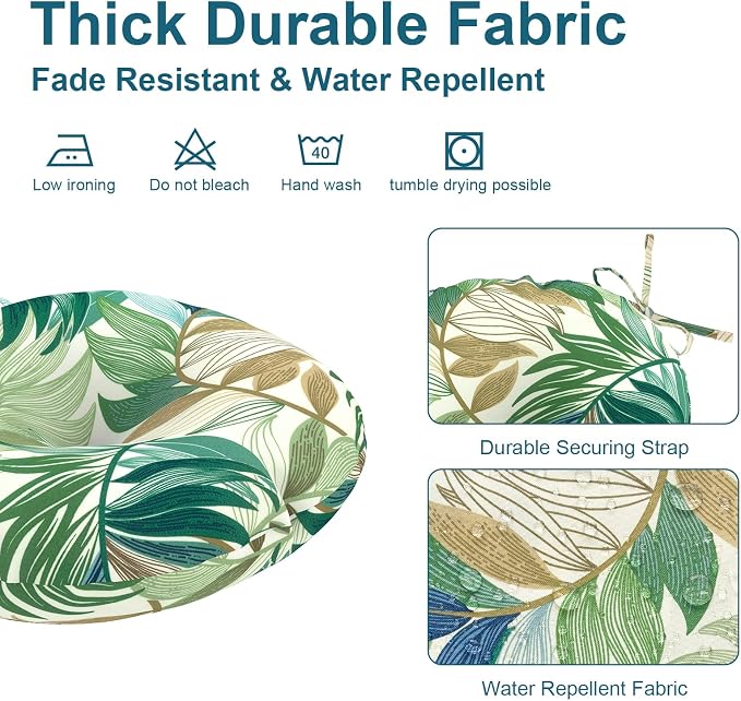 DYTXIII Set of 2 Outdoor Round Chair Cushions 15"x15"x4" with Ties, Water Repellent Tufted Bistro Seat Cushions, Thick Patio Chair Pads for Bar Stool, Garden & Dining Furniture - Lush Leaf Green