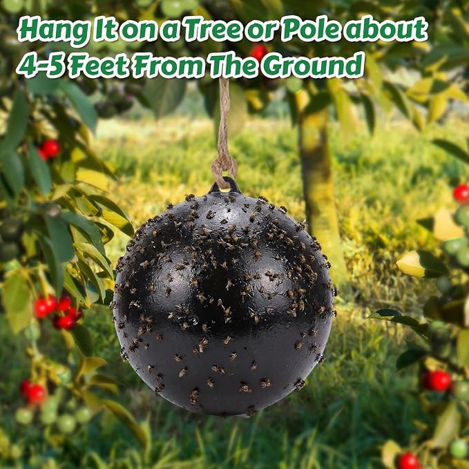 2 Pcs Large Fly Trap Balls Hanging Fruit Fly Traps Outdoor Adhesive Insect Balls with a Sticky Coating Glue Air Pump Insect Catch Sticky Bug for Farm Orchard Deerflies Mosquito (Black)