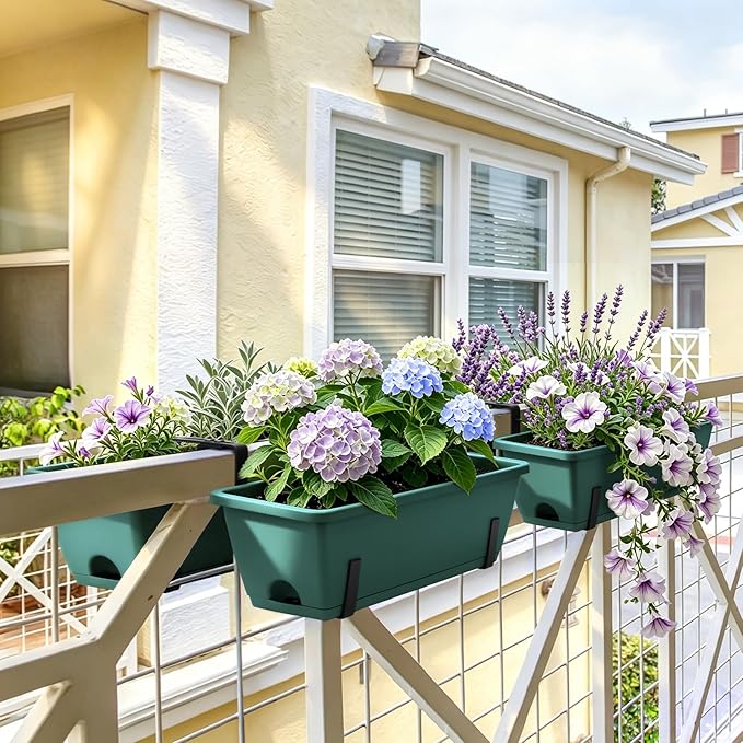 Sunexinlo 4-Pack Railing Planter Boxes with Double-Sided Adjustable Brackets, Plastic Rectangular Flower Boxes with Drainage Holes and Trays for Outdoor Balcony, Deck, Patio, Porch, Fence, Green