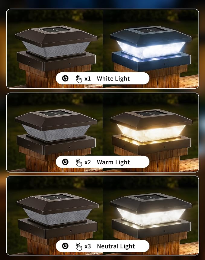 4x4-Solar-Post-Cap-Lights-Outdoor 2 Pack Solar Powered Fence Post Lights 3 Lighting Modes Deck Postcap Light for 3.5x3.5 4x4 Wood/Vinyl Posts LED Waterproof Garden Patio Porch Posts Lighting Black