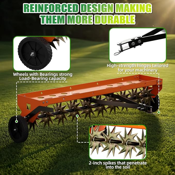 40" Spike Aerator Tow Behind, Lawn Aerator Tow Behind with Universal Hich, Orange Galvanized Steel and Includes a Pallet Capable of Supporting 280 Pounds, Pull Behind Aerator for Garden, Farm and Lawn