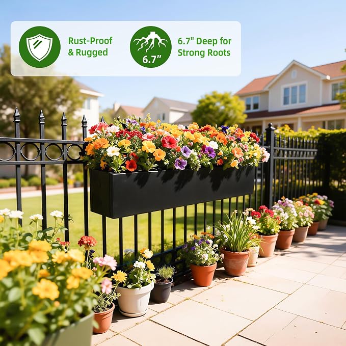 2 Pack Metal Railing Planter Box, 30 Inch Balcony Planters with Adjustable Brackets, Large Hanging Planters for Outdoor Fence Deck