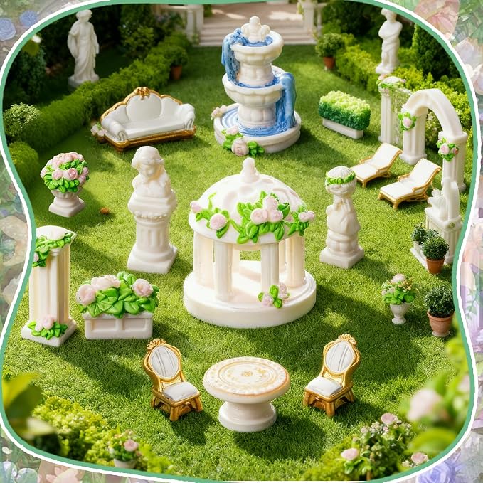 Exasinine 15 Pcs Mini Garden Furniture Ornaments, Micro Resin Patio Set with Table Chair Bench Arch Fountain Statues for DIY Fairy Garden and Home Micro Landscape Decor