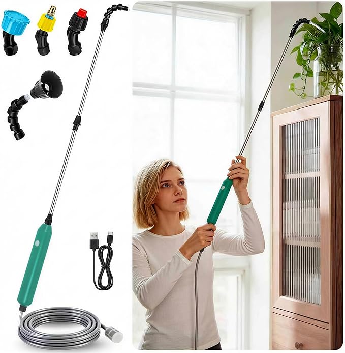 Electric High Reach Plant Waterer - Type C Wireless Hanging Plant Waterer, Battery Powered Sprayer Wand with Stainless Steel Telescopic (30.6"-44.2"), Indoor Watering Devices
