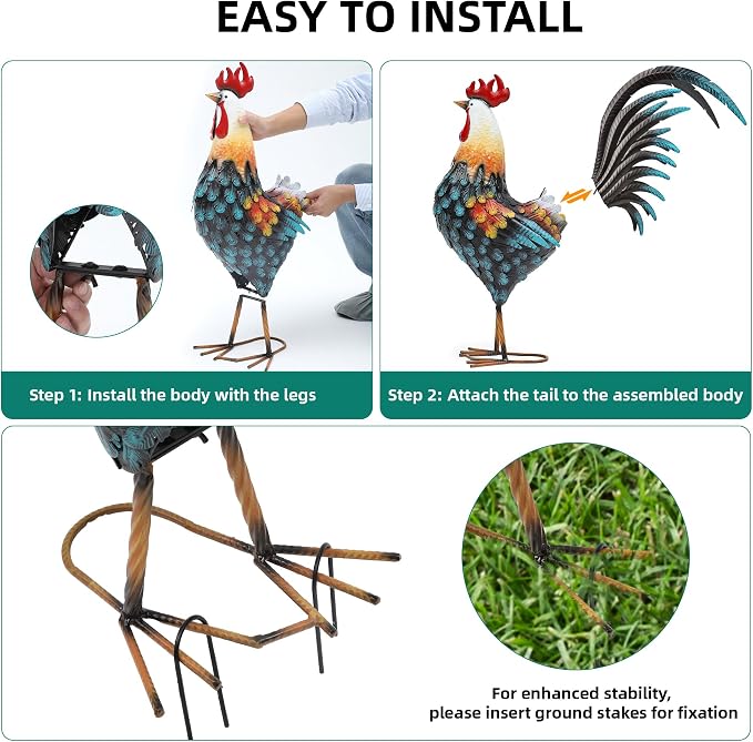 32" Large Metal Rooster Yard Decor, Outdoor Garden Statues, Metal Chicken Sculpture for Backyard Patio Kitchen Living Room Decor