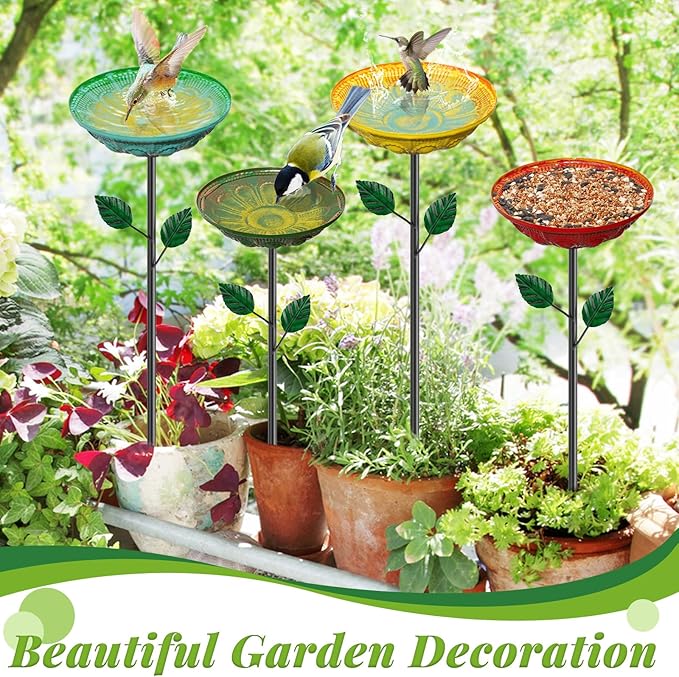 4PCS Flower Bird Baths for Outdoors, 5.9" Metal Hummingbird Bath with Adjustable Stake, Colorful Garden Birdbath Decor Set for Outside Yard Lawn Patio﻿(Datura)