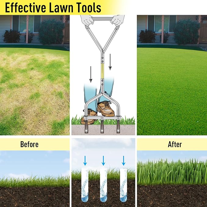 Jardineer Core Aerator Lawn Tool - 5" Deep Manual Soil Plug Aerator, Upgraded Triangular Handle Lawn Aeration Tool with Non-Clogging Hollow Tines for Greener Grass & Garden Care