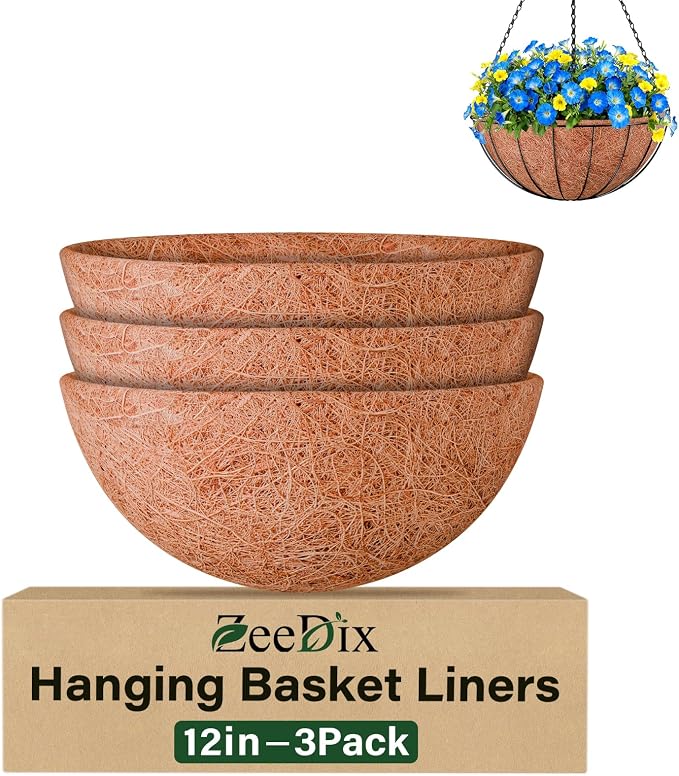 ZeeDix 3 Pack 12 Inch Coconut Liners for Planters, Round Hanging Basket Liners 100% Natural Coco Coir Basket Coco Replacement Liner for Hanging Baskets Flowers Vegetables Patio Balcony Garden Decor