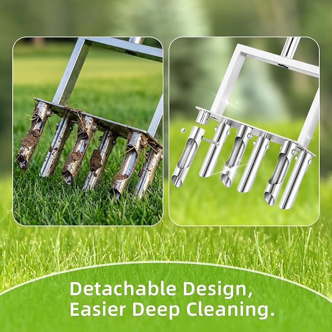 Manual Core Aerator Lawn Tool: Easily Assemble Lawn Aerator with 6 Removable Hollow Tine, Stainless Steel Grass Aerator for Lawn, 39" Yard Plug Aerator to Revive Compacted Soil Health
