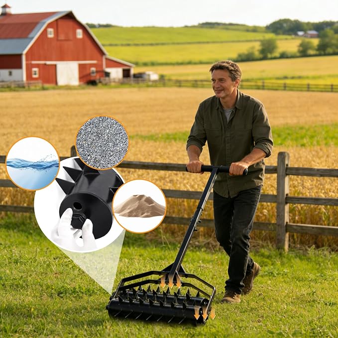 23 Inch Rolling Lawn Aerator - Upgraded Heavy Duty Lawn Aerator Tool with Adjustable Handle Heights, Manual Soil Spike Aerator for Yard and Garden, Water or Sand Fillable for Soil Penetration