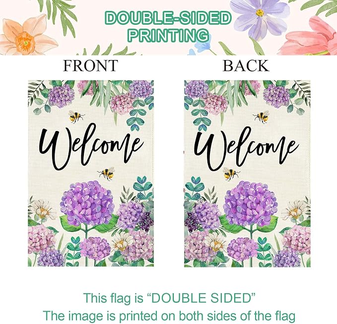 Baccessor Summer Hydrangea Garden Flag Double Sided 12x18 Inch, Purple Flower Floral Welcome Small Yard Flag Burlap Seasonal Farmhouse Yard Outdoor Decoration