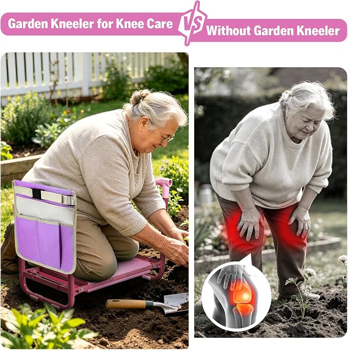 Garden Kneeler and Seat Heavy Duty, Foldable Gardening Stool Bench with Widened Thick Soft Kneeling Pad and Tool Pouches - 2-in-1 Portable Kneeling Device for Seniors (Purple)