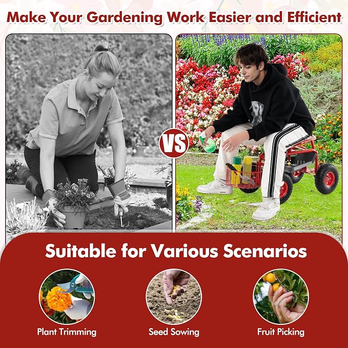 IRONMAX Garden Cart with Seat, Gardening Rolling Stool Scooter with 10’’ All-Terrain Wheels, Adjustable Steering Handle & Tool Tray and Basket for Outdoor Planting (Red)