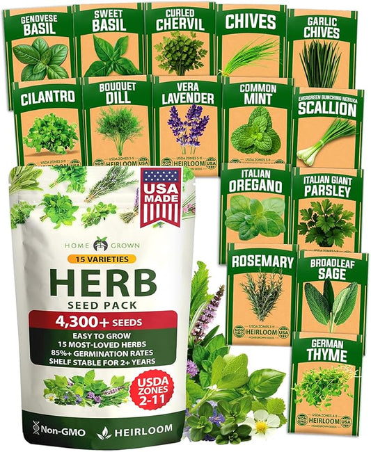 HOME GROWN Herb Seeds for Planting 15-Pack Massive Seed Count 4,300+ Seeds Non-GMO Heirloom | Extra Large | Culinary Herb Kit, Indoor Outdoor & Hydroponic | Grow Your Own Herbs | Gardening Gift