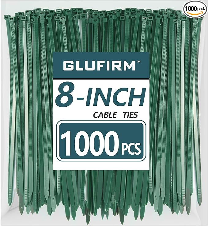 Green Zip Ties 8 inch (1000 Pack), 45lb Tensile Strength, Cable Ties for Indoor and Outdoor Use, UV and Cold Resistant Wire Ties for Home, Garden, Fencing, Glufirm