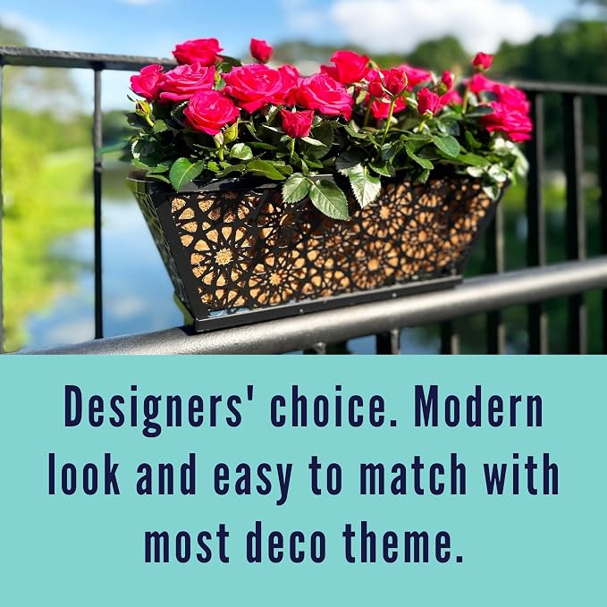 LaLaGreen Window Planter Boxes Outdoor (16 Inch, 2 Pack) Black Metal Wall Hanging Planters for Plants, Deck Railing Flower Box with Coco Liners, Trendy Horse Troughs Balcony Pots Patio Porch Over Rail