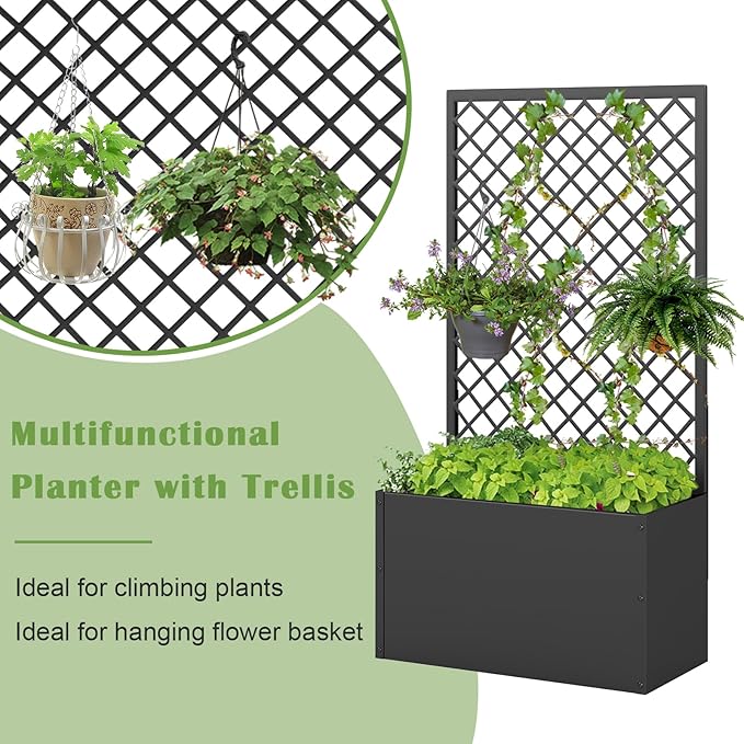 kinbor Planter with Trellis - Set of 2 Planter Boxes Outdoor, Metal Raised Garden Bed with Lattice Trellis for Climbing Plants, Black Flower Boxes Outdoor