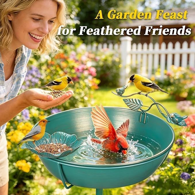 Mellbree Metal Bird Bath for Outside, 13" Dia 39" H Lake Blue with Gold Gilding, Freestanding with Perch & Feeder Bowl, Multi-Functional for Garden Patio Yard Lawn Outdoor Decor